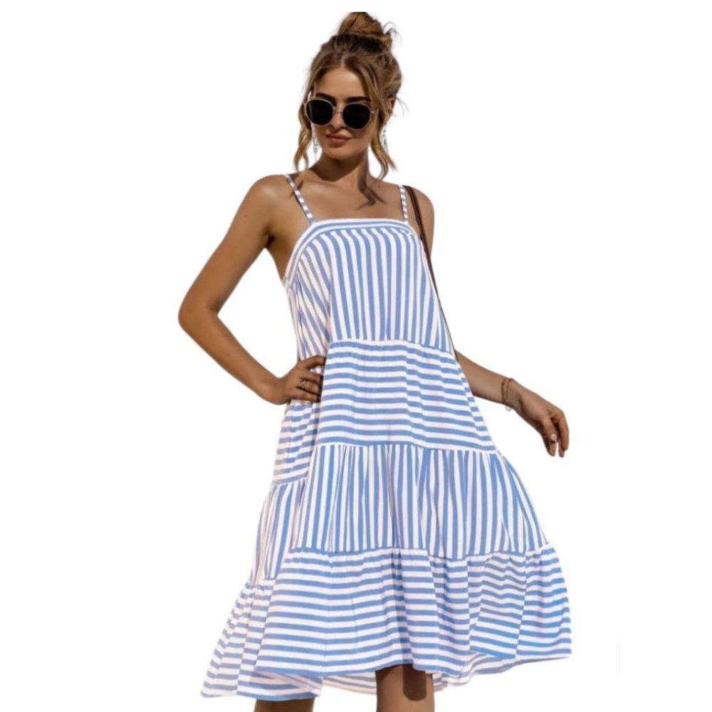 SHEIN Striped Midi Dress in Blue and White